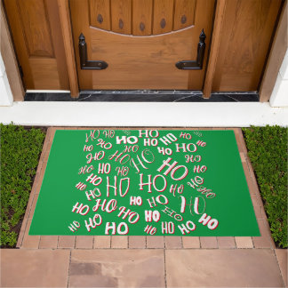 HO HO HO Christmas text pattern white green red Doormat