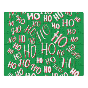 HO HO HO Christmas text pattern white green red Jigsaw Puzzle