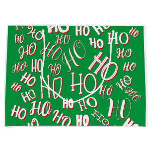 HO HO HO Christmas text pattern white green red Large Gift Bag