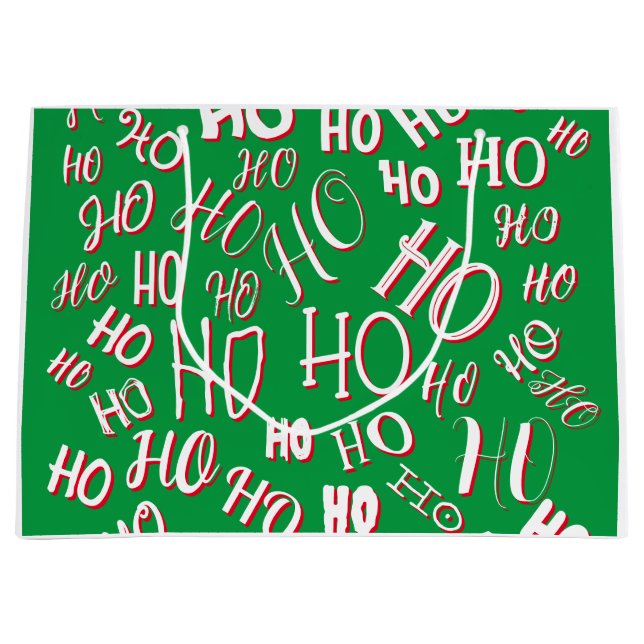 HO HO HO Christmas text pattern white green red Large Gift Bag (Front)