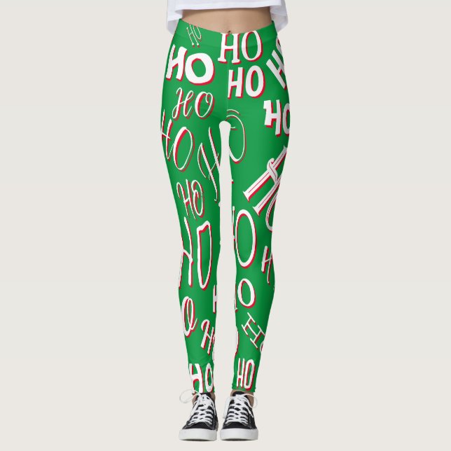 HO HO HO Christmas text pattern white green red Leggings (Front)