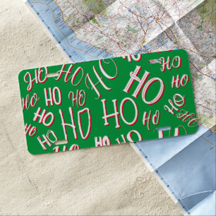 HO HO HO Christmas text pattern white green red License Plate