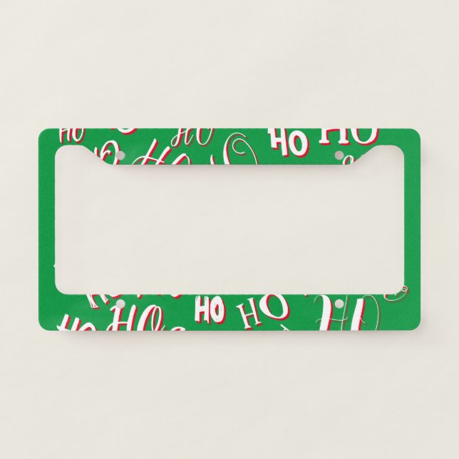 HO HO HO Christmas text pattern white green red License Plate Frame (Front)