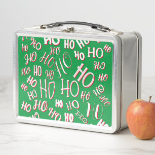 HO HO HO Christmas text pattern white green red Metal Lunch Box