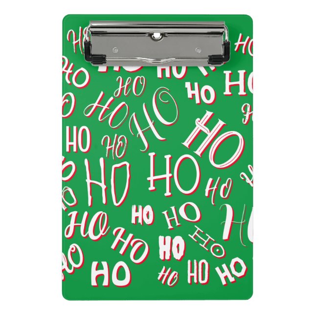 HO HO HO Christmas text pattern white green red Mini Clipboard (Front)
