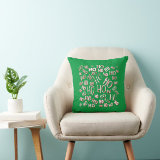 HO HO HO Christmas text pattern white green red Throw Pillow