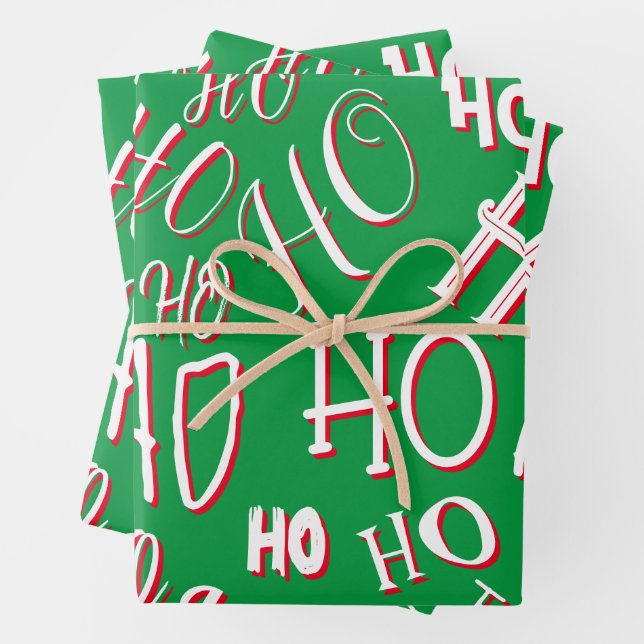 HO HO HO Christmas text pattern white green red Wrapping Paper Sheets (In situ)