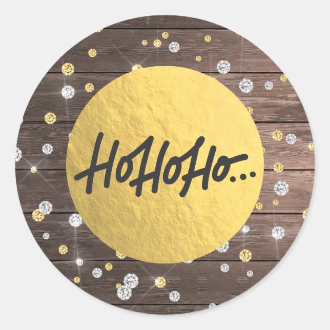 HO HO HO Christmas Wood Silver Gold Foil Classic Round Sticker (Front)