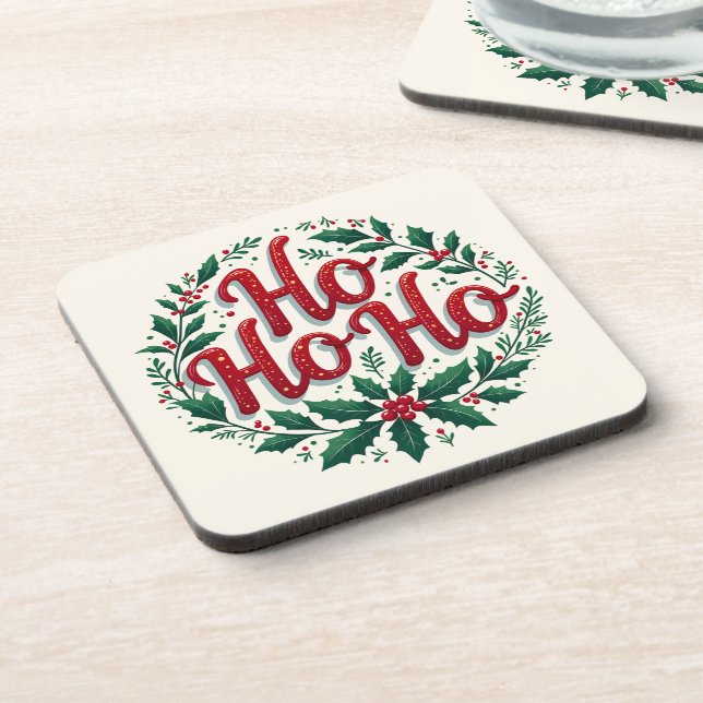 Ho Ho Ho Christmas Wreath Typography Design Beverage Coaster (Left Side)