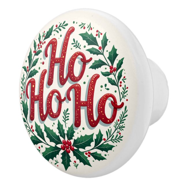 Ho Ho Ho Christmas Wreath Typography Design Ceramic Knob (Right)