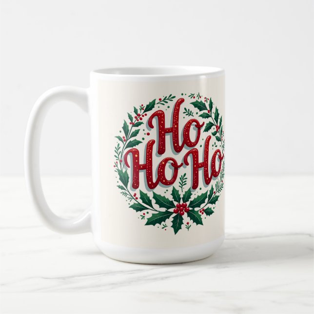 Ho Ho Ho Christmas Wreath Typography Design Coffee Mug (Left)