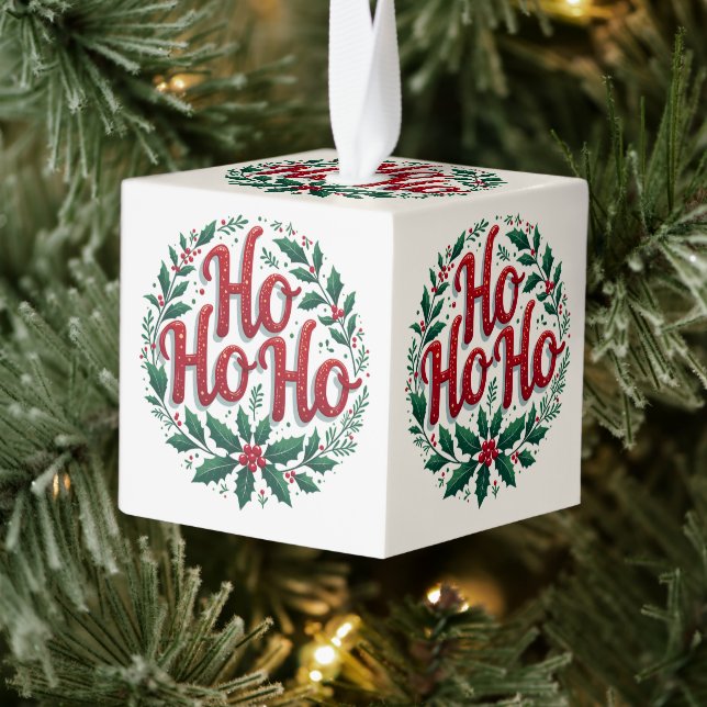 Ho Ho Ho Christmas Wreath Typography Design Cube Ornament (Tree)