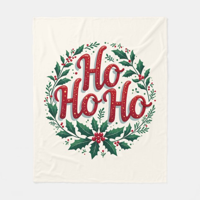 Ho Ho Ho Christmas Wreath Typography Design Fleece Blanket (Front)