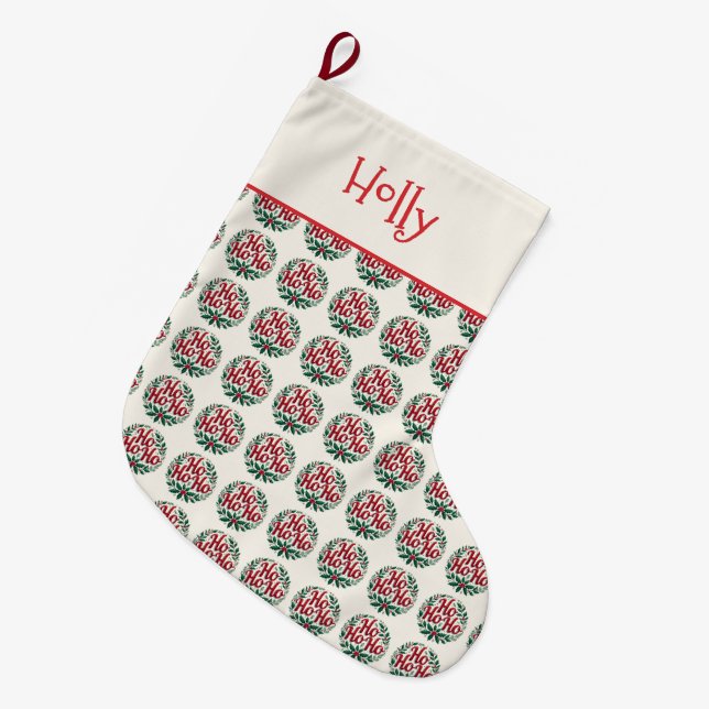 Ho Ho Ho Christmas Wreath Typography Design Large Christmas Stocking (Front (Hanging))