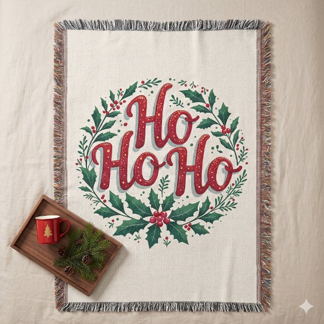 Ho Ho Ho Christmas Wreath Typography Design Throw Blanket (Ho Ho Ho Christmas Wreath Typography Design Throw Blanket)