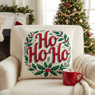 Ho Ho Ho Christmas Wreath Typography Design Throw Pillow