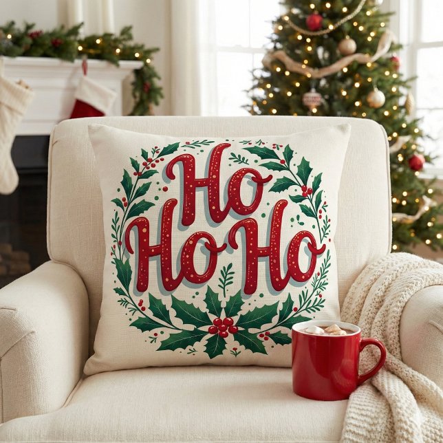 Ho Ho Ho Christmas Wreath Typography Design Throw Pillow (Ho Ho Ho Christmas Wreath Typography Design Throw Pillow Mockup A)