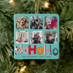 Ho Ho Ho Colorful 6 Photo Christmas Ceramic Ornament