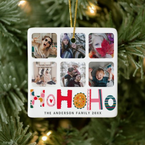 Ho Ho Ho Colorful 6 Photo Christmas Ceramic Ornament