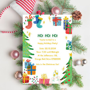 Ho Ho Ho Colorful Watercolor Frame Holiday Party Invitation