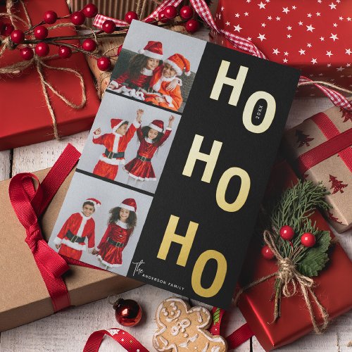 Ho Ho Ho Custom 3 Photo Collage Christmas Foil Holiday Card