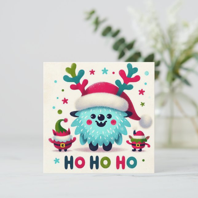 HO HO HO cute fluffy Santa elves Holiday Card (Standing Front)