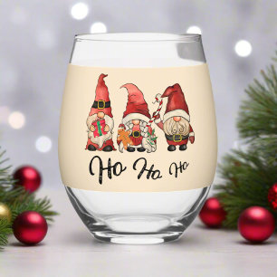 Ho Ho Ho! Cute Gnomes Nordic Christmas Holiday Stemless Wine Glass