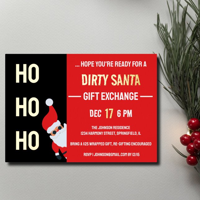 HO HO HO Dirty Santa Christmas Party Black and Red Foil Invitation (HO HO HO Dirty Santa Christmas Party Black and Red Foil Invitation )