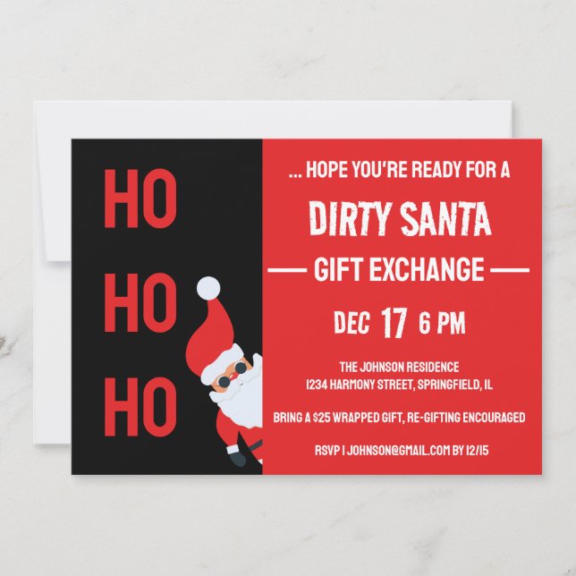 HO HO HO Dirty Santa Christmas Party Black and Red Invitation (Front)