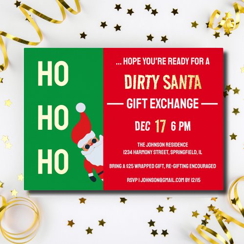 HO HO HO Dirty Santa Gift Exchange Christmas Party Foil Invitation