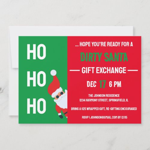 HO HO HO Dirty Santa Gift Exchange Christmas Party Invitation
