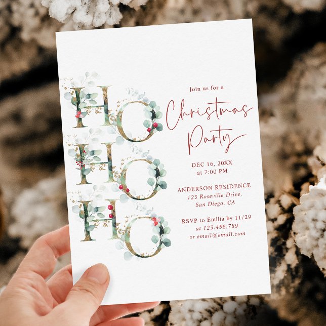 Ho Ho Ho Elegant Red Green Gold Christmas Party Invitation (Creator Uploaded)