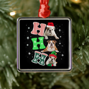 Ho Ho Ho English Bulldog Santa Reindeer Christmas Metal Ornament