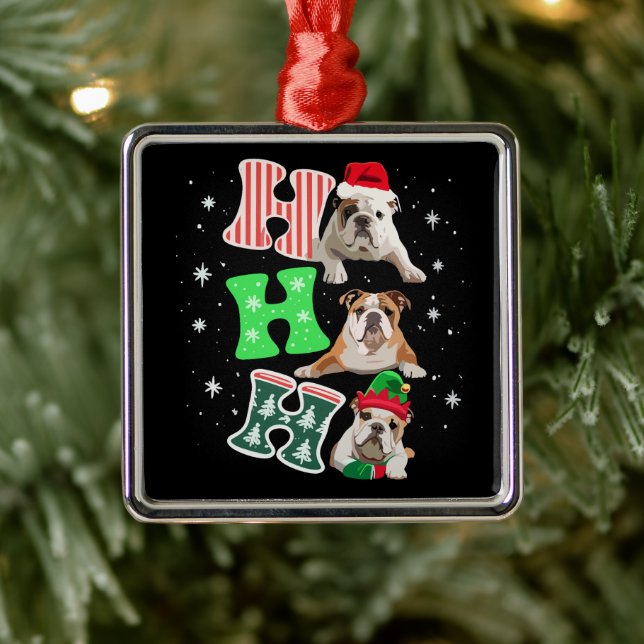 Ho Ho Ho English Bulldog Santa Reindeer Christmas  Metal Ornament (Tree)