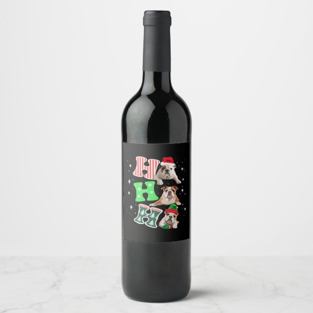 Ho Ho Ho English Bulldog Santa Reindeer Christmas  Wine Label (Front)