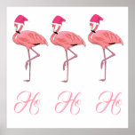 Ho Ho Ho Flamingos Tropical Beach Christmas  Poster<br><div class="desc">Ho Ho Ho Flamingos Tropical Beach Christmas poster with a jolly holiday greeting by cute flamingo Santa Claus helper elves wearing pink Santa caps. Fun beach style flamingo Christmas decor.</div>