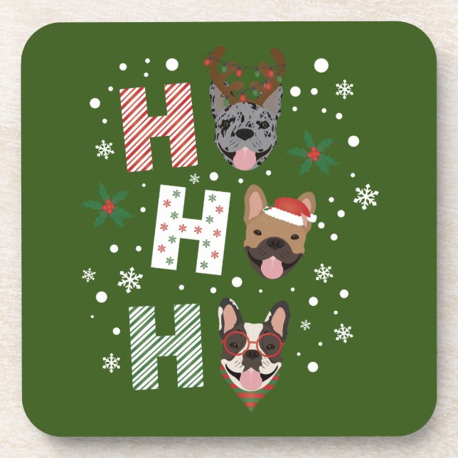 Ho Ho Ho French Bulldog Merry Christmas Beverage Coaster (Front)