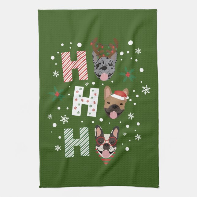 Ho Ho Ho French Bulldog Merry Christmas Kitchen Towel (Vertical)
