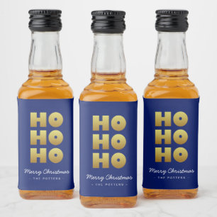 Ho Ho Ho Fun Christmas Blue & Gold Liquor Bottle Label