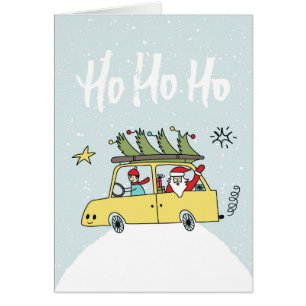 Ho Ho Ho/ Funny Santa & Car Christmas Illustration Cards