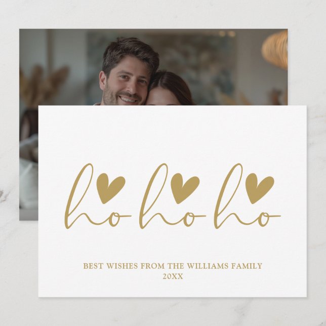 Ho Ho Ho Gold Script Hearts Photo Christmas Holiday Card (Front/Back)