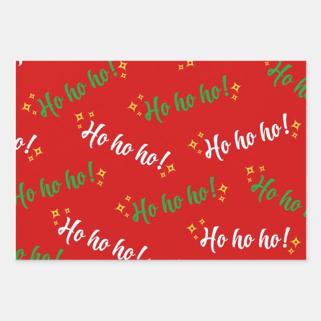 Ho Ho Ho Green Red White Yellow Wrapping Paper Sheets (Front)