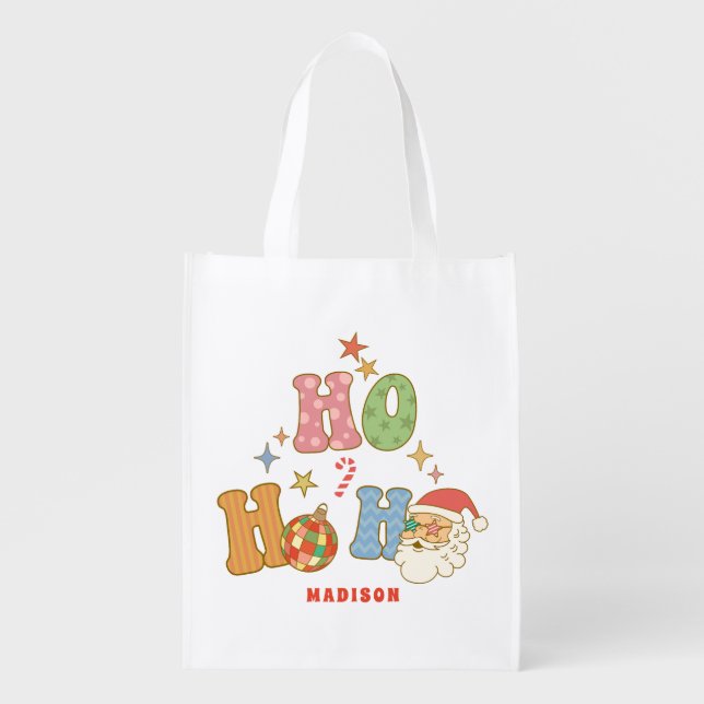 Ho Ho Ho Groovy Merry Christmas Personanlized Name Grocery Bag (Front)