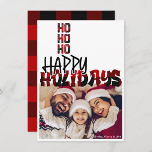 HO HO HO Grunge Plaid Holiday Christmas Photo Card