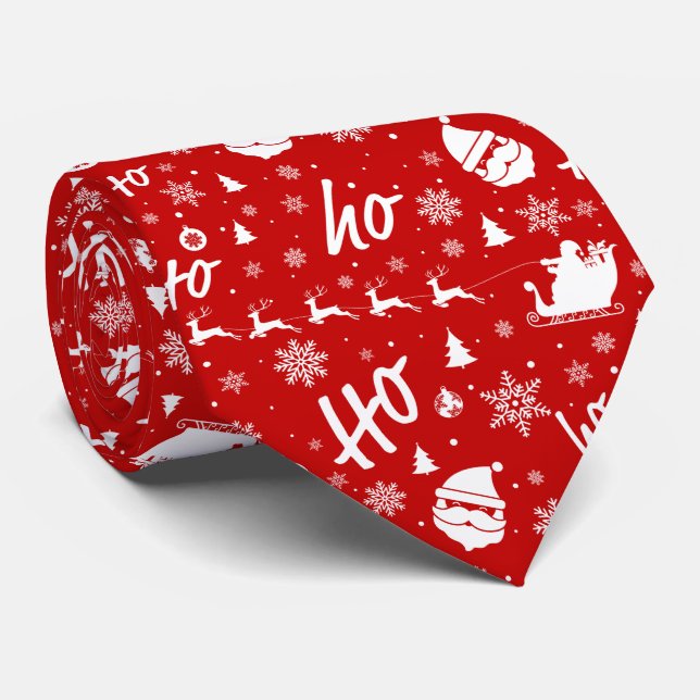 Ho Ho Ho Ho Red & White Christmas Pattern Neck Tie (Rolled)