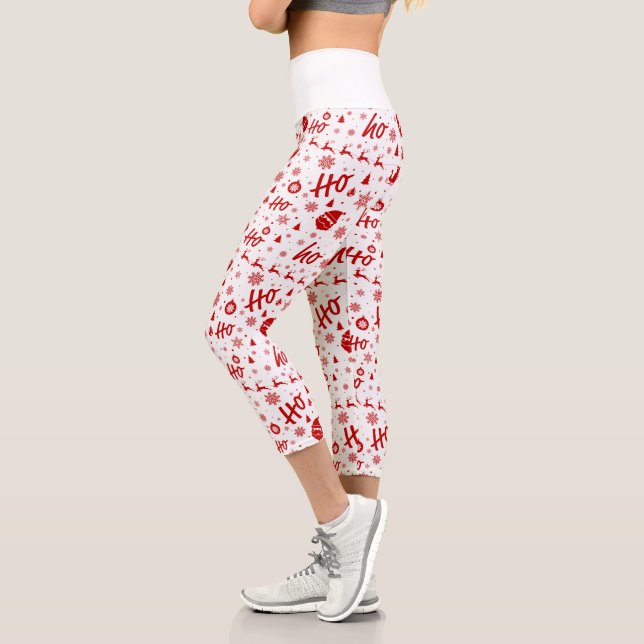 Ho Ho Ho Ho White & Red Christmas Pattern Capri Leggings (Left)