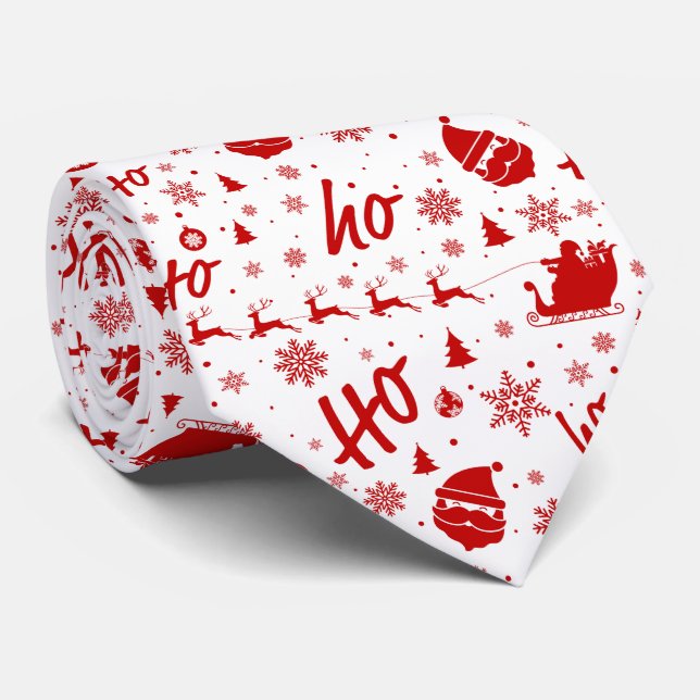 Ho Ho Ho Ho White & Red Christmas Pattern Neck Tie (Rolled)