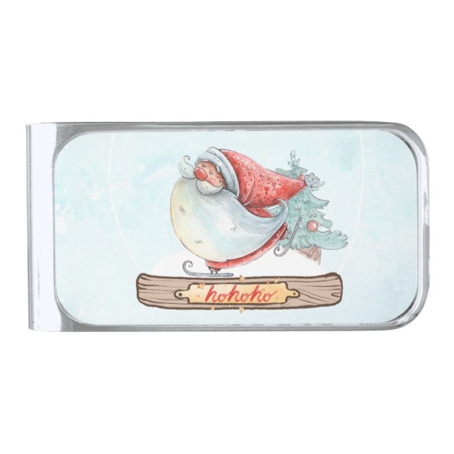 Ho Ho Ho Ice Skating Santa   Silver Finish Money Clip (Front)