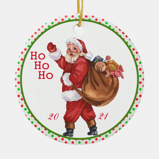 HO HO HO! Jolly Old Santa Claus With Bag of Toys  Ceramic Ornament (Front)