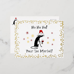 Ho Ho Ho Merlot Funny Cat Christmas Wine Quote Foil Holiday Postcard